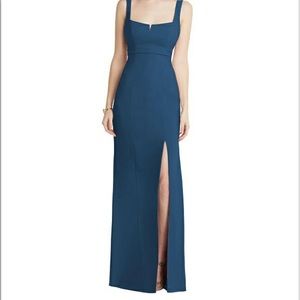 Dessy Group Bridesmaid, Wide Strap Notch Empire Waist Front Slit Dusk Blue Dress